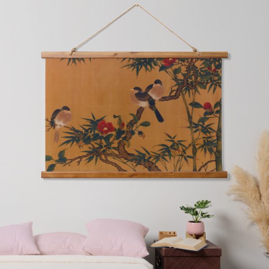 Japanse kunst: Bamboe, vogels en Camellias Hangend Wandkleed (Slaapkamer)