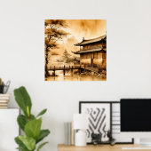 JAPANSE KUNST  DORPSLANDSCHAP WARM BRUIN POSTER (Thuiskantoor)