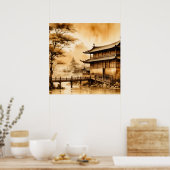 JAPANSE KUNST  DORPSLANDSCHAP WARM BRUIN POSTER (Keuken)