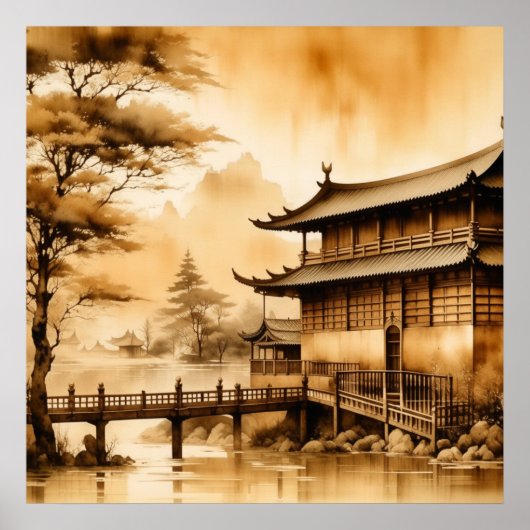 JAPANSE KUNST  DORPSLANDSCHAP WARM BRUIN POSTER (Voorkant)