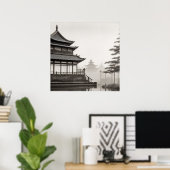 JAPANSE KUNST DORPSLANDSCHAP ZWART WIT POSTER (Thuiskantoor)