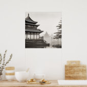 JAPANSE KUNST DORPSLANDSCHAP ZWART WIT POSTER (Keuken)