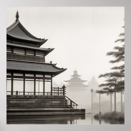 JAPANSE KUNST DORPSLANDSCHAP ZWART WIT POSTER (Voorkant)