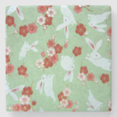 Japanse kunst: Green Sakura & Rabbits Stone Onderz Stenen Onderzetter (Voorkant)