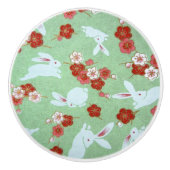 Japanse Kunst: Groene Sakura en Konijnen Knob Keramische Knop (Voorkant)