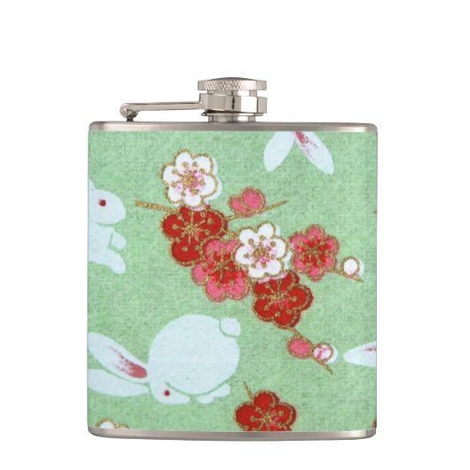 Japanse kunst: Groene Sakura en Rabbits Hip Flask Heupfles (Voorkant)