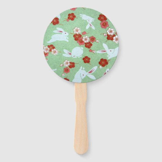 Japanse Kunst Groene Sakuras & Konijnen Hand Fan Handwaaier (Achterkant)