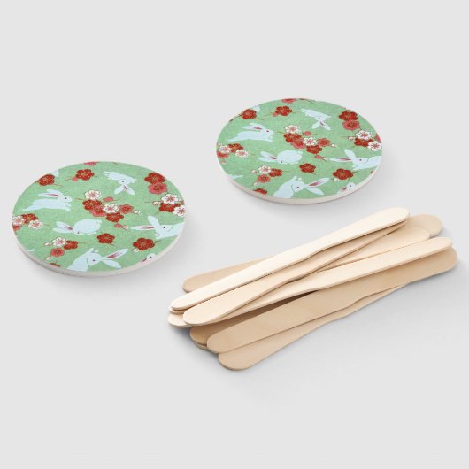 Japanse Kunst Groene Sakuras & Konijnen Hand Fan Handwaaier (Niet-gemonteerd)