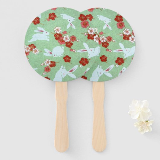 Japanse Kunst Groene Sakuras & Konijnen Hand Fan Handwaaier (Voorkant en achterkant)