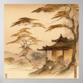 JAPANSE KUNST JAPAN DORP LANDSCHAP WARME BRUINE KU POSTER (Voorkant)