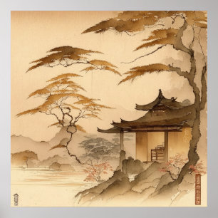 JAPANSE KUNST JAPAN DORP LANDSCHAP WARME BRUINE KU POSTER
