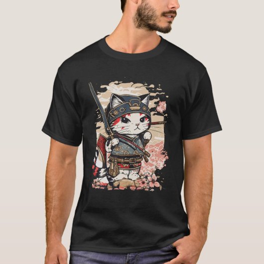 Japanse Kunst Kat Ninja Ukiyo e Anime Stijl Samura T-shirt (Voorkant)