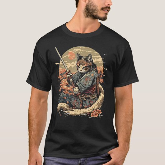 Japanse kunst kat Ninja Ukiyo-e stijl samurai kat T-shirt (Voorkant)