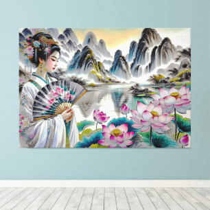Japanse kunst met dame, lotus en bergen canvas afdruk