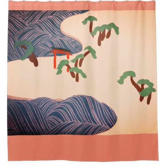 JAPANSE KUNST OCEAAN EN BOMEN Douche Gordijn (Voorkant)