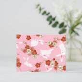 Japanse kunst: Roze Briefkaart van Sakuras en Rabb (Staand voorkant)