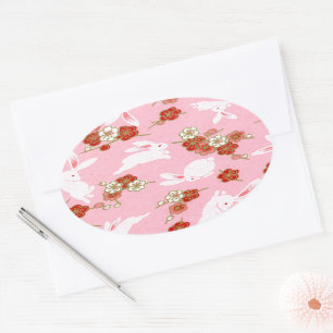 Japanse kunst: Roze Sakuras en konijnenovale Stick Ovale Sticker