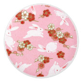 Japanse kunst: Roze Sakuras & Rabbits Ceramic Knob Keramische Knop (Voorkant)