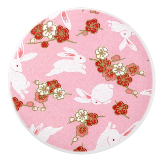 Japanse kunst: Roze Sakuras & Rabbits Ceramic Knob Keramische Knop (Voorkant)