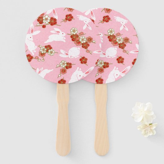 Japanse kunst Roze Sakuras & Rabbits Handwaaier (Voorkant en achterkant)