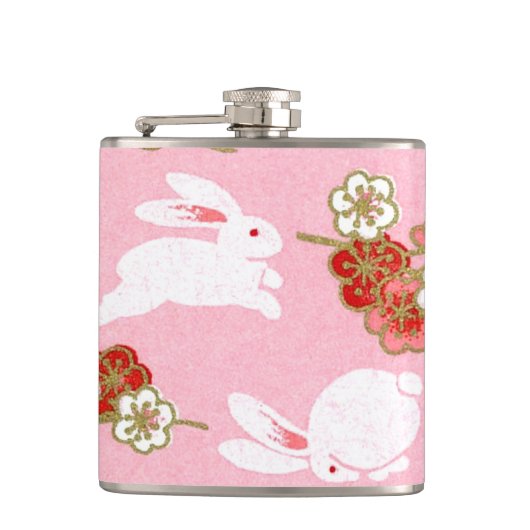 Japanse kunst: Roze Sakuras & Rabbits Hip Flask Heupfles (Voorkant)
