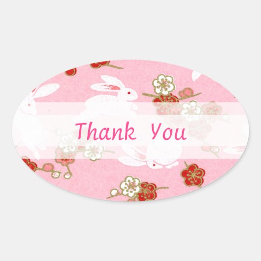 Japanse kunst: Roze Sakuras & Rabbits Ovale Sticker (Voorkant)