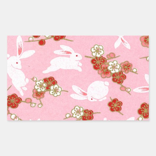 Japanse kunst: Roze Sakuras & Rabbits Rechthoekige Sticker (Voorkant)