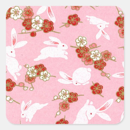 Japanse kunst: Roze Sakuras & Rabbits Vierkante Sticker (Voorkant)