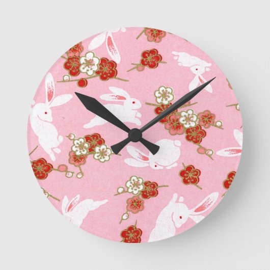 Japanse kunst: Roze Sakuras & Rabbits Wall Clock Ronde Klok (Voorkant)