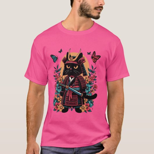 Japanse kunst Samurai Ninja Black Cat Warriors T-shirt (Voorkant)