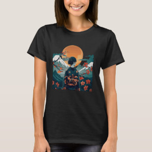 Japanse kunst zonsondergang Mountain Floral Geish T-shirt