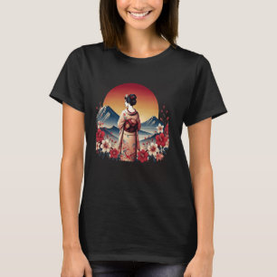 Japanse kunst zonsondergang Mountain Floral Geish T-shirt