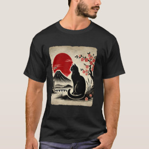 Japanse Kunst Zwarte Kat Fuji Kersenbloesems T-shirt