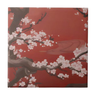 Japanse kunststijl Witte Kersenbloesem Rood Tegeltje