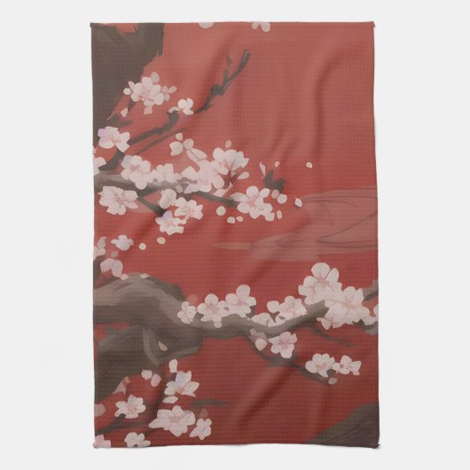 Japanse kunststijl Witte Kersenbloesem Rood Theedoek (Verticaal)