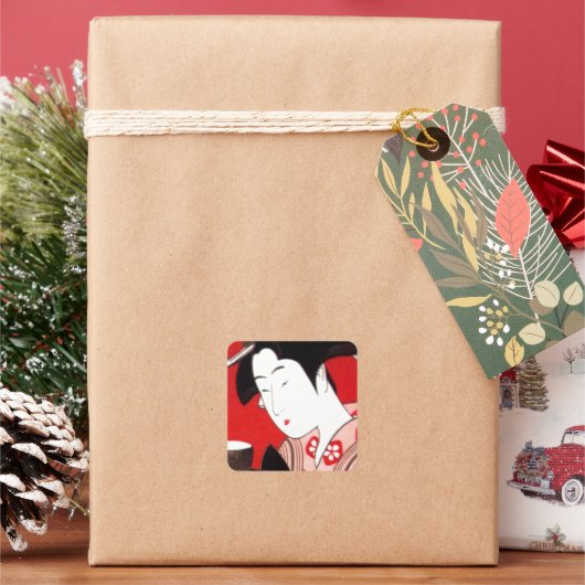 Japanse Lady Tea Serving Ceremony Art Print Vierkante Sticker (Feestdagen)