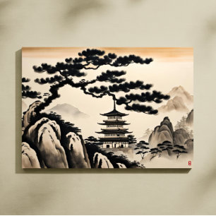 Japanse landschap inkt schildering canvas afdruk