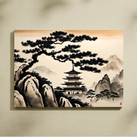 Japanse landschap inkt schildering canvas afdruk