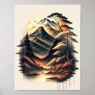 Japanse landschapsinktkening met vulkaan poster