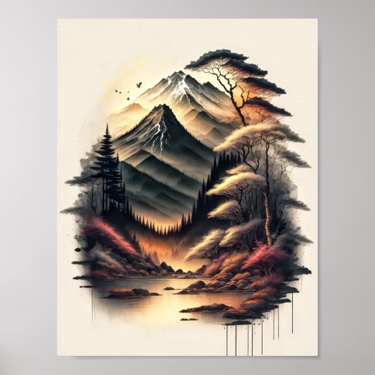 Japanse landschapsinktkening met vulkaan poster (Voorkant)