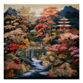 Japanse landschapskunst: waterval en dorp perfect poster (Voorkant)