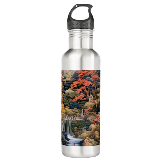 Japanse landschapskunst: waterval en dorp waterfles (Voorkant)