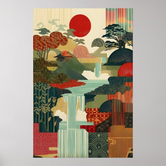 Japanse Landschapskunstprint Rode Zon, Waterval Poster (Voorkant)