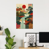 Japanse Landschapskunstprint Rode Zon, Waterval Poster (Thuiskantoor)