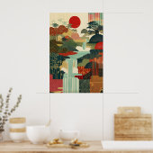 Japanse Landschapskunstprint Rode Zon, Waterval Poster (Keuken)
