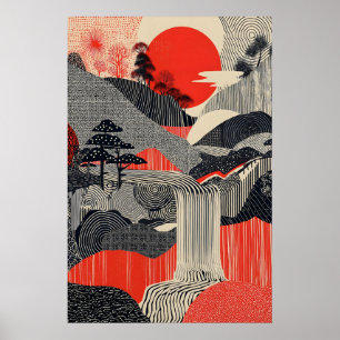Japanse Landschapskunstprint Rode Zon Waterval Poster