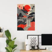 Japanse Landschapskunstprint Rode Zon Waterval Poster (Thuiskantoor)
