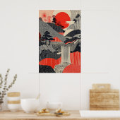 Japanse Landschapskunstprint Rode Zon Waterval Poster (Keuken)