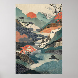 Japanse Landschapskunstprint Waterval, Rode Zon Poster