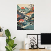 Japanse Landschapskunstprint Waterval, Rode Zon Poster (Thuiskantoor)